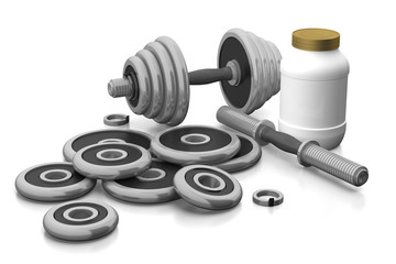 Arrangement with dumbbells and a jar of protein
