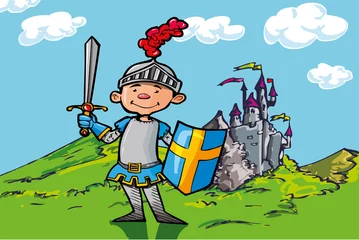 Rolgordijnen Ridders Cartoon jongen ridder voor een kasteel