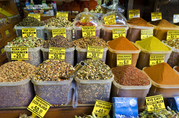 Colorful display of spices in Egyptian Spice Bazaar