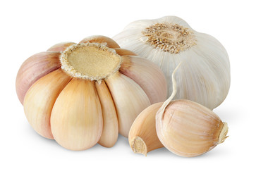 Isolated garlic. Two heads of fresh garlic and peeled segments isolated on white background