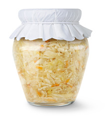 Isolated sauerkraut. Marinated cabbage (sauerkraut) in glass jar with paper lid isolated on white...