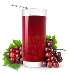 Isolated drink. Red grapes and glass of juice isolated on white background