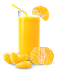 Isolated drink. Glass of tangerine or citrus juice and peeled fruit isolated on white background