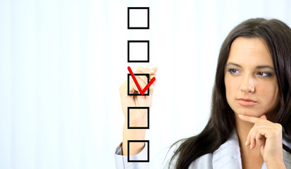 woman choosing one of three options