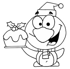 Outline Of A Penguin Holding Christmas Pudding