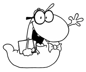 Outline Of A Waving School Worm Student Carrying A Book