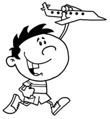 Outline Of A Boy Running And Playing With A Toy Airplane