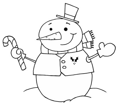Outline Of A Snowman Holding A Candy Cane