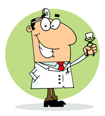 Caucasian Cartoon Dentist Man Holding A Pulled Tooth
