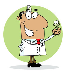 Hispanic Cartoon Dentist Man Holding A Pulled Tooth