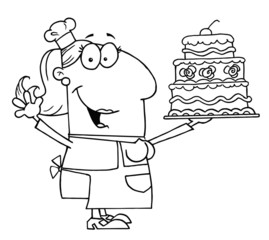 Clipart Illustration of an Outlined Cake Baker Woman