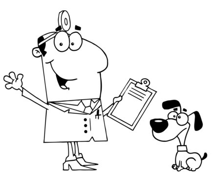 Clipart Illustration of an Outlined Vet and Dog