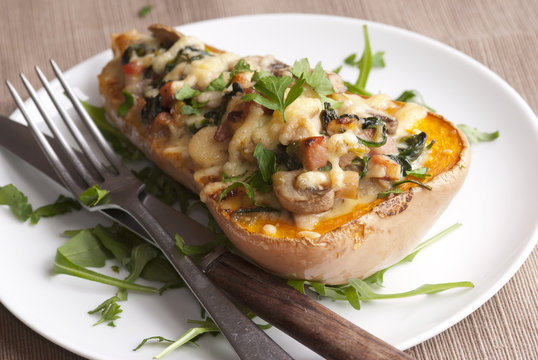 Butternut squash with spinach, bacon and mushrooms
