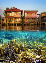 Split view with tropical houses over water and coral reef fish underwater, Caribbean sea, Panama