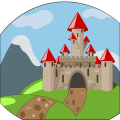 cartoon castleon background with mountains