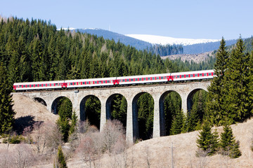 passenger train on railway viaduct near Telgart, Slovakia