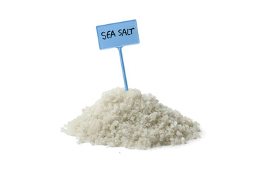 Heap of sea salt with a sign