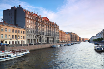 View of St. Petersburg. River channel with boats
