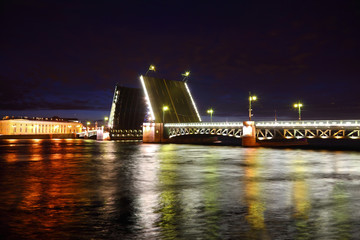 Palace Bridge drawbridge at night. Saint-Petersburg, Russia