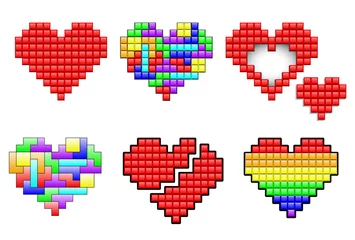 Fotobehang Pixel Harten gemaakt van pixels en kleurrijke puzzelstukjes