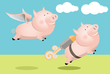 Two competing pigs; flying with wings and using attached rocket