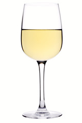 Glass of white wine over white background