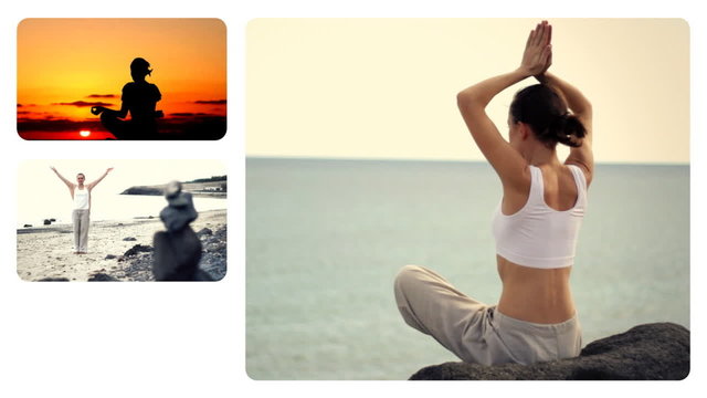 Montage of attractive woman meditating outdoors