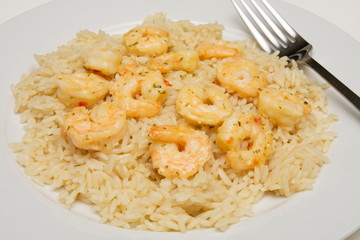 Shrimp Scampi on Rice with Fork