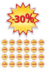 set of red and yellow sale icons label- discount percentage