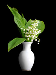 lilies of the valley in vase on black
