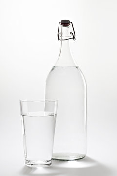Transparent bottle and glass with water.