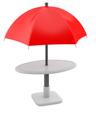 Red ubrella with table isolated on white background