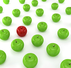One red apple on a background of green apples