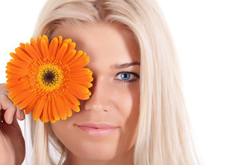 The girl with a flower Gerbera