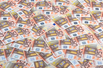 Fifty euro banknotes background.