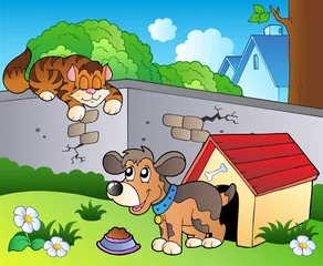 Papier Peint photo autocollant Chats Jardin avec chat et chien de dessin animé