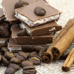 chocolate, cinnamon sticks and coffee beans