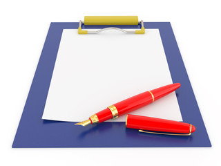 Pen on clipboard. Empty sheet of paper
