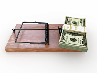 Mousetrap with dollar on white isolated background