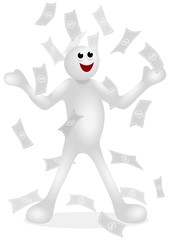 Iconic white figure excited with money raining