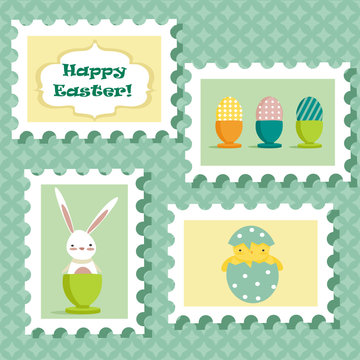 Easter postal stamps set, vector illustration