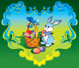 Easter bunny with basket in the heart-frame.