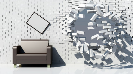Creative interior with destruction brick wall
