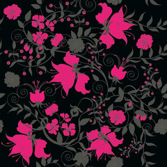 Seamless black background with pink flowers.