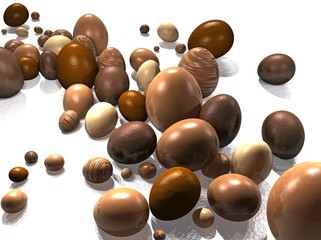 Chocolate Easter Eggs Stream on White Reflective Background
