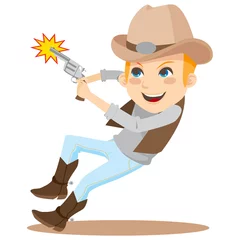 Foto op Plexiglas Wilde Westen Jongen die met revolver schiet en cowboykostuum draagt
