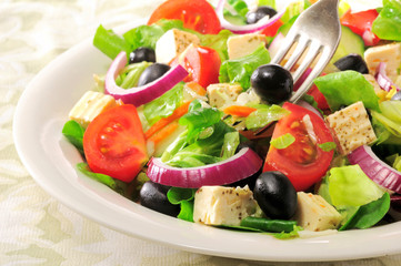 Vegetable salad with cheese, olives and tomatoes