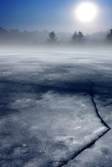 Winter scenery landscape. frozen lake and forest