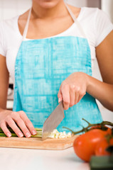 Woman cutting vegetables in modern kitchen (shallow DOF)