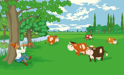 Obraz na płótnie Canvas Herd of cows grazing in the meadow